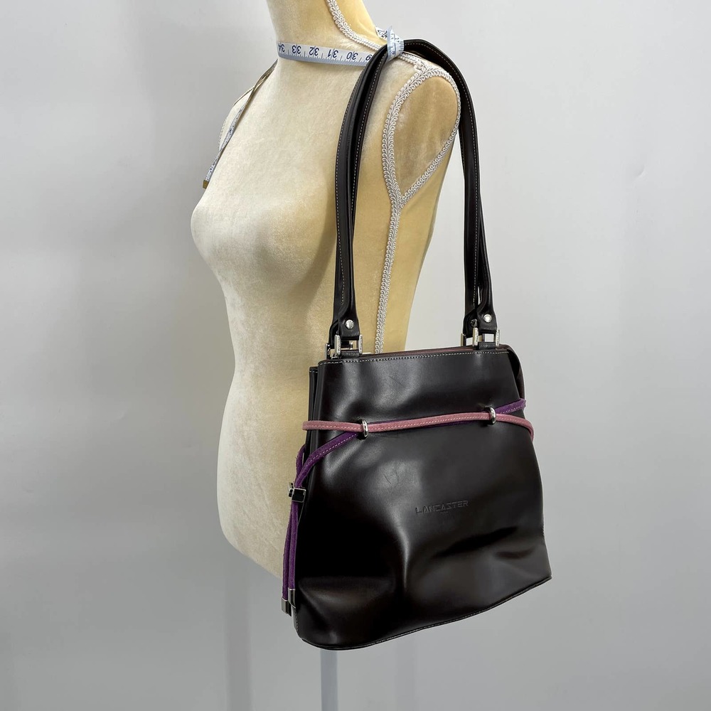 LANCASTER of PARIS Brown Semi Glossy Leather Bucket Satchel